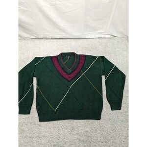 Vintage Bachrach V-Neck Sweater 80s 90s Y2K Ramie‎ Cotton Blend Argyle Large